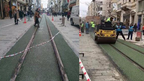 Taksim'de tramvay hattına yeşil çuha döşendi